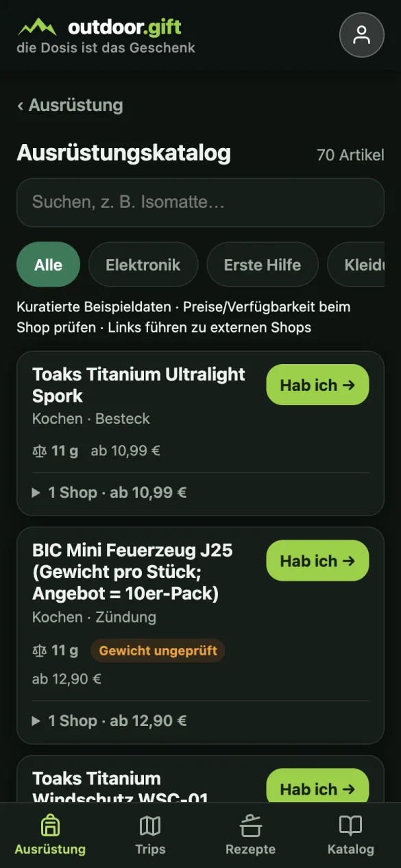 Ausrüstungs-Katalog mit Artikeln, Gewichtsangaben, Preisen und Shop-Angaben