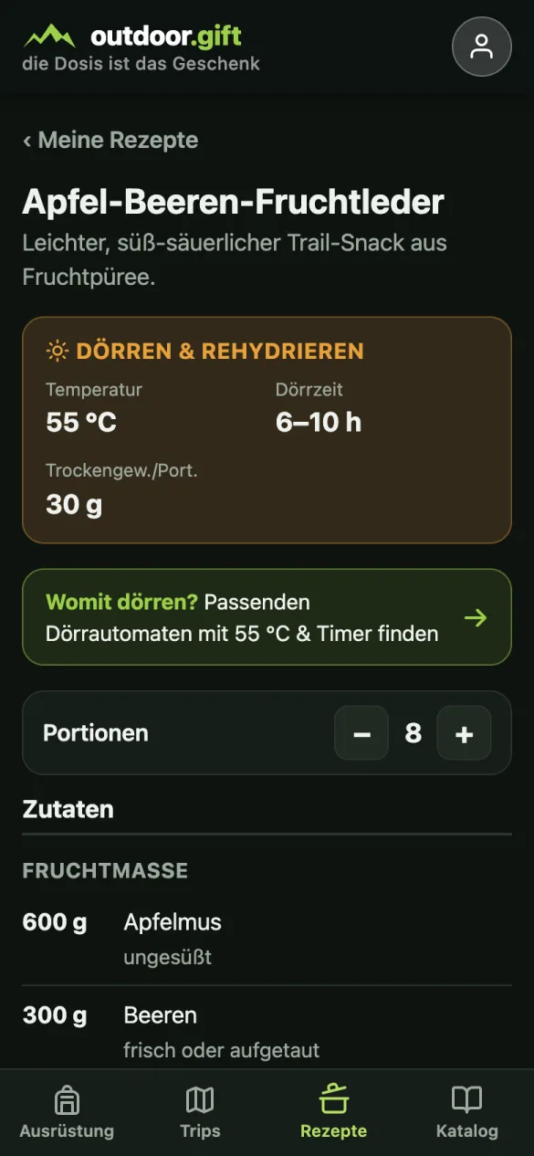 Rezeptkopf mit Kasten Dörren und Rehydrieren, Portionsrechner und Zutatenliste
