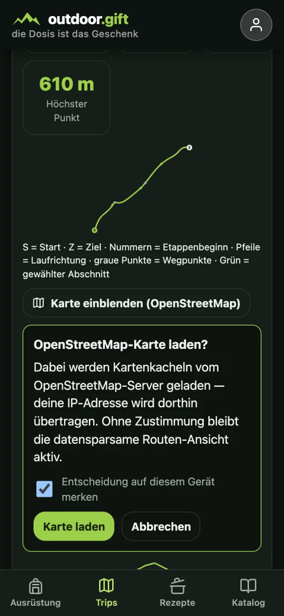Zustimmungsdialog: OpenStreetMap-Karte laden? Mit Hinweis auf die IP-Übertragung und Merken-Option