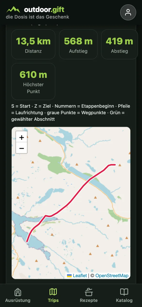 OpenStreetMap-Karte mit der Route in Rot und den Tour-Kennzahlen darüber
